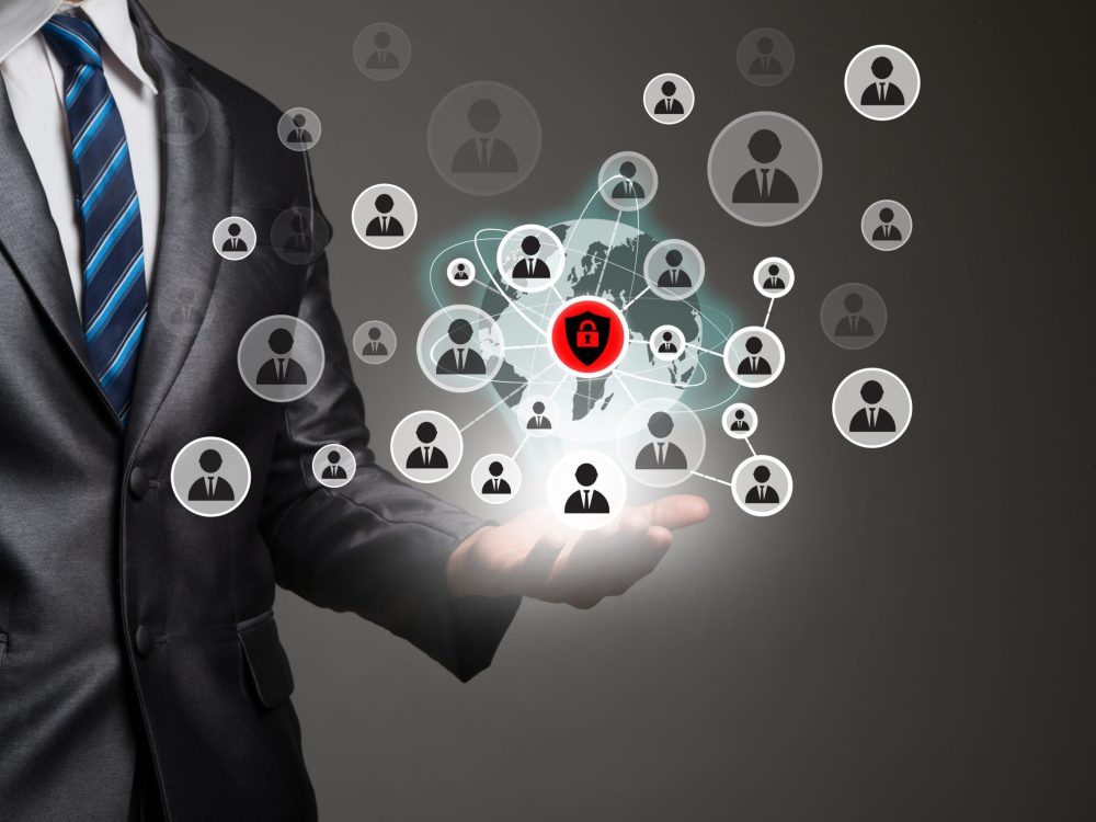 Businessman hand with people icons network connection. Business Businessman hand with people icons network connection. Business communication concept.