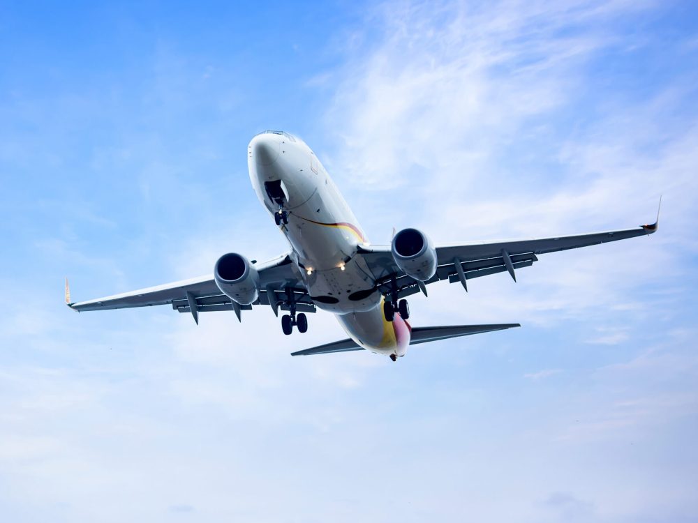 Place flying in sunset sky